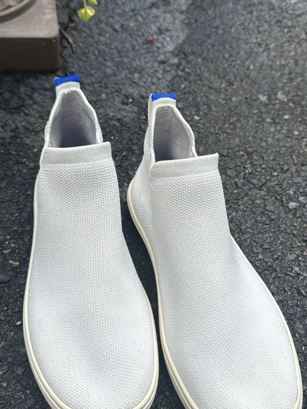 Rothy's White Slip-On Knit Ankle Booties with Blue Pull Tabs